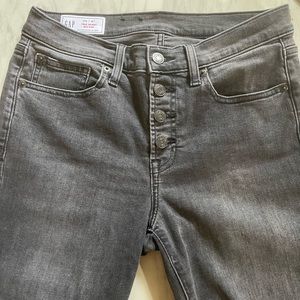 Women Gap button fly jeans. Gray distressed jeans.